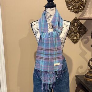 Peck & Peck Scarf Cashmere Fringe Lavender and Blue Plaid